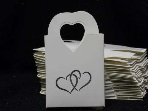25x confetti boxes 5.2cmx3cmx7cm tall wen folded White lightweight cardbord with silver hearts