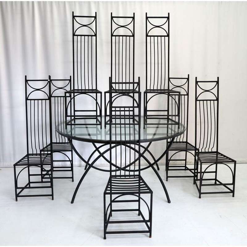 GLASS-TOP STEEL PATIO TABLE AND SET OF 8 CHAIRS