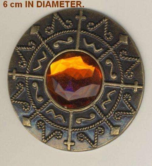 LARGE GOLD ACRYLIC MEDALLION WITH ORANGE JEWEL