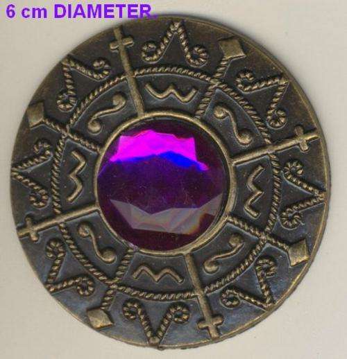 LARGE GOLD ACRYLIC MEDALLION WITH AMETHYST COLOR JEWEL
