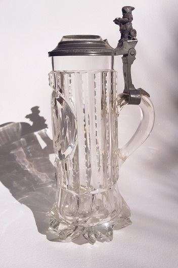 Large Cut Glass and Pewter Beer Stein  Display piece only due to chips on base  H  26cm  D  8cm  S