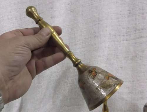 ANTIQUE tall enamel on brass bell