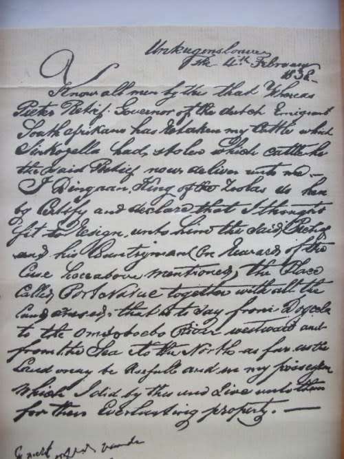 Deed of Cession between Piet Retief and Dingaan on 4 Feb 1838 - Copy framed behind glass