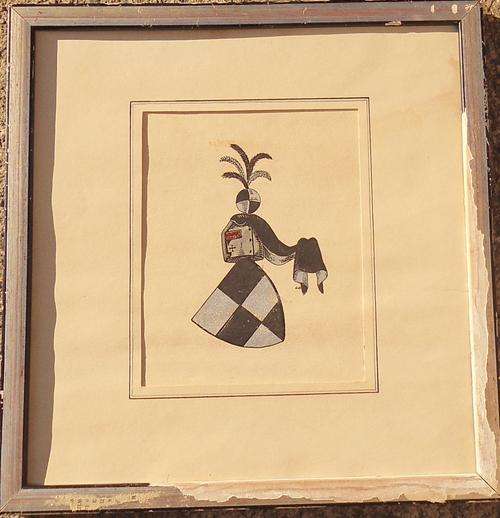 AWESOME FIND UNKNOWN DRAWING OR WATER PAINT FAMILY CREST SIGNESD BY ARTIST AND FRAMED