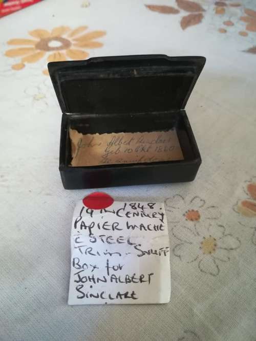 1848 Victorian Paper Mache` Snuff box belonged to John Albert Sinclare also signature inside lid