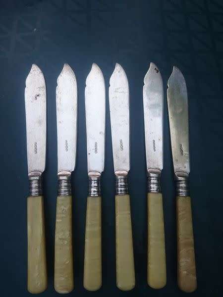 VINTAGE SILVER PLATED FISH KNIVES AND FORKS WITH MOTHER OF PEARL HANDLES