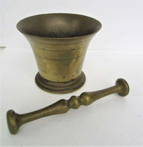 ANTIQUE BRASS PESTLE AND MORTAR USED IN SA CHEMIST 1800s