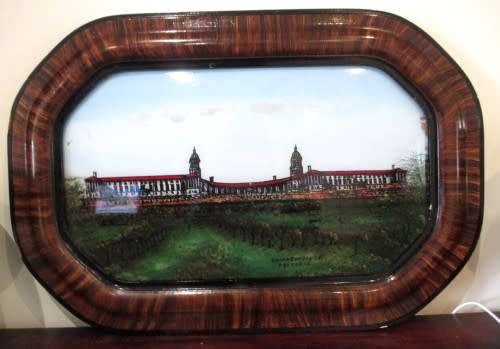 Vintage Convex Oval Bubble Glass Reverse Painting - Union Building, Pretoria - Tiger Stripe Frame.