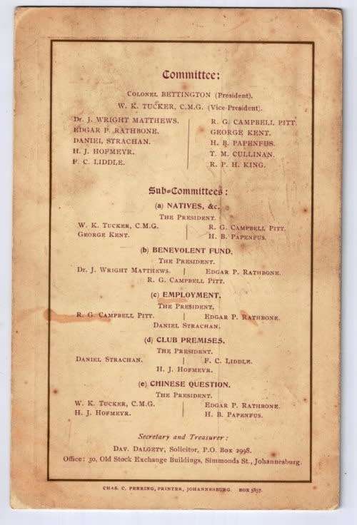 Rand Pioneers Third Annual Dinner Programme (also Jameson Raid and Anglo-Boer War Interest)