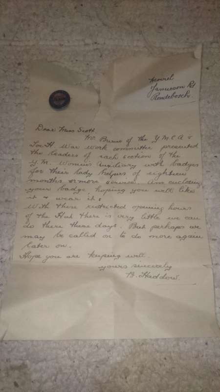 rare ymca badge from WW2 - with original letter