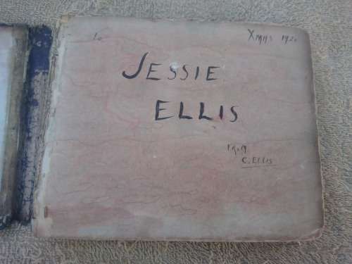 SWEET LITTLE AUTOGRAPH BOOK WITH POSTCARDS BELONGED TO JESSIE ELLIS 1920.COVER LOSE