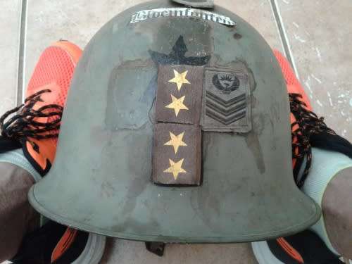 SADF/SANDF HELMET .STAFF SERGEANT AND OTHER INSIGNIA ATTACHED