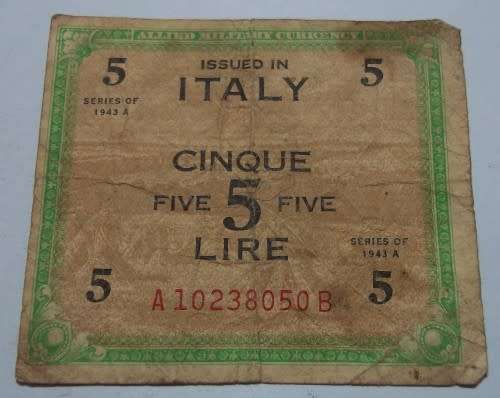 1943 A Italy 5 Lire Allied Military Currency Note