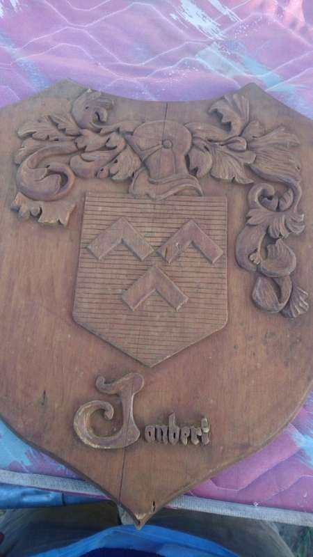 Huge carved in wood Joubert family crest 45cm tall