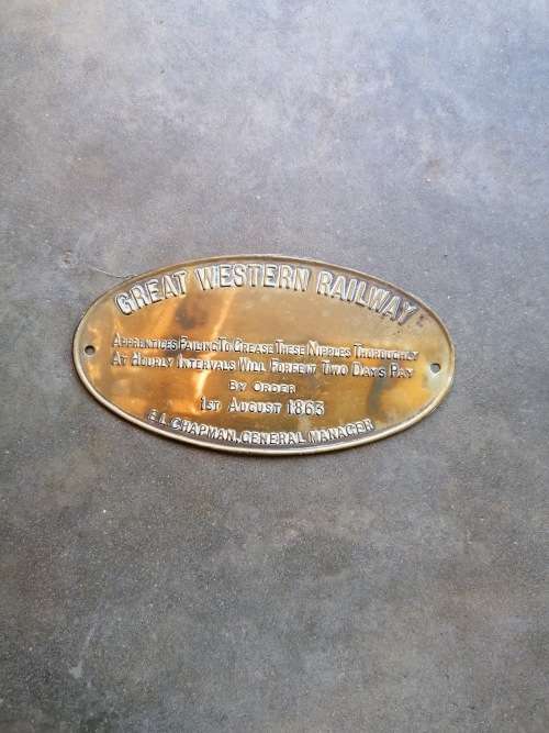 GREAT WESTERN RAILWAY Sign Grease Nipples Forfeit Two Days Pay embossed brass