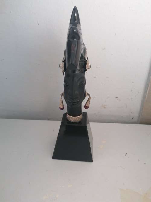 CARVED OBSIDIAN STERLING MAYAN / AZTEC FIGURE