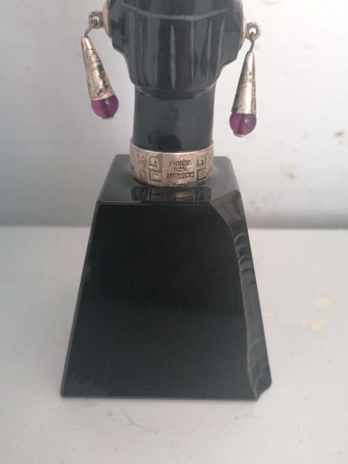 CARVED OBSIDIAN STERLING MAYAN / AZTEC FIGURE