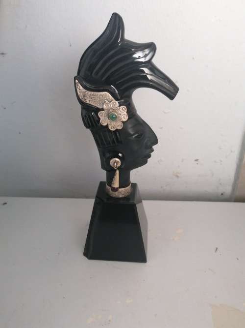 CARVED OBSIDIAN STERLING MAYAN / AZTEC FIGURE