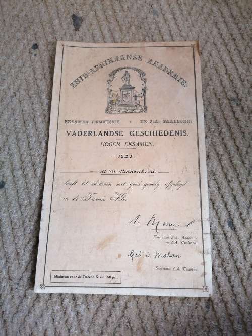 VINTAGE ZUID AFRKA 1923 VADERLANDSE GESCHIEDENIS CERTIFICATE