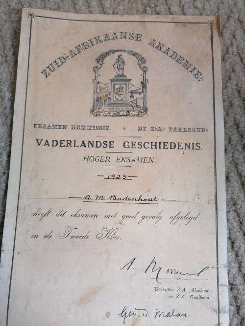 VINTAGE ZUID AFRKA 1923 VADERLANDSE GESCHIEDENIS CERTIFICATE