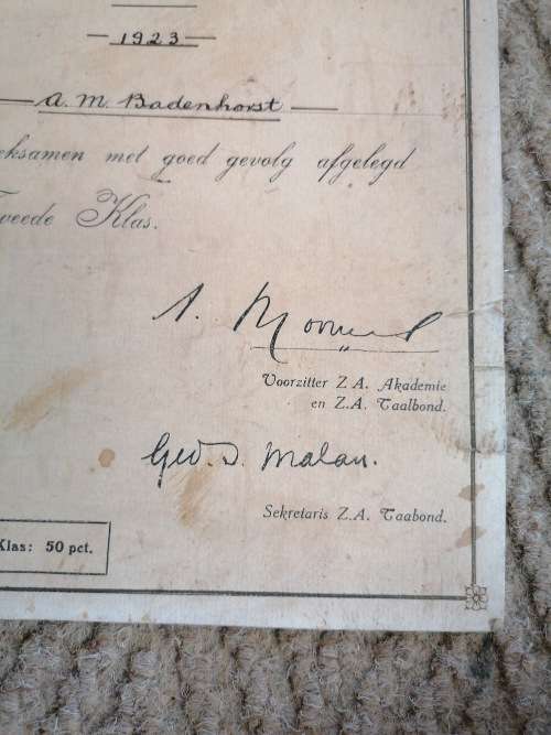 VINTAGE ZUID AFRKA 1923 VADERLANDSE GESCHIEDENIS CERTIFICATE