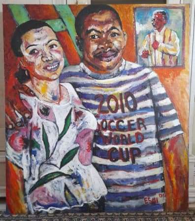 Large Sandy Esau `self portrait with wife and mandela` 895 x 800mm VALUE R10000
