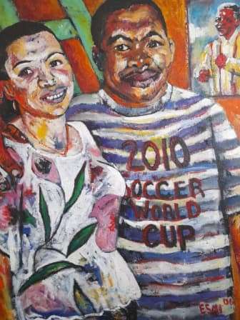 Large Sandy Esau `self portrait with wife and mandela` 895 x 800mm VALUE R10000