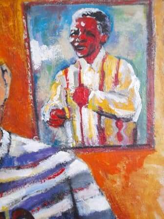 Large Sandy Esau `self portrait with wife and mandela` 895 x 800mm VALUE R10000