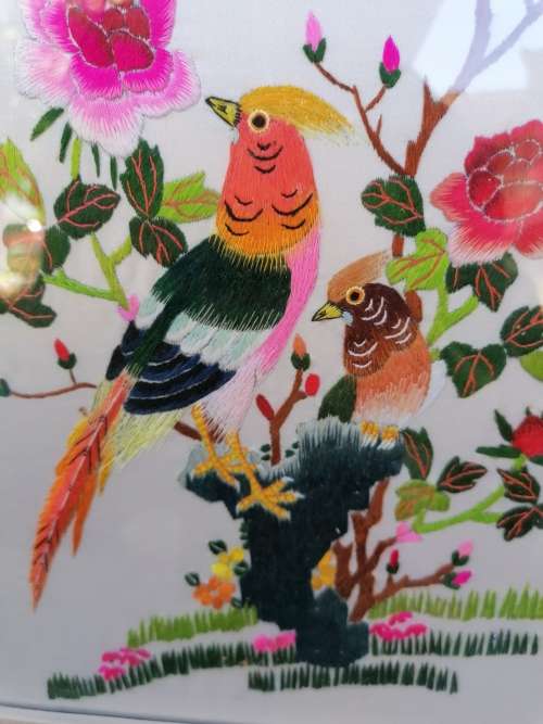 Japanese Silk Embroidery Art Of 2 Pheasants Birds In A Tree Framed 40cm x 27CM