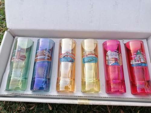 SET OF 6 VINTAGE VENEZIA VENICE THEMED LIQUOR GLASSES BEAUTIFUL COLOR ITALY