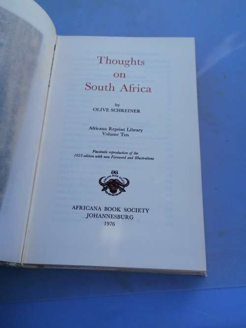 Olive Schreiner  THOUGHTS ON SOUTH AFRICA  Published: Africana Book Society, Johannesburg, 1976