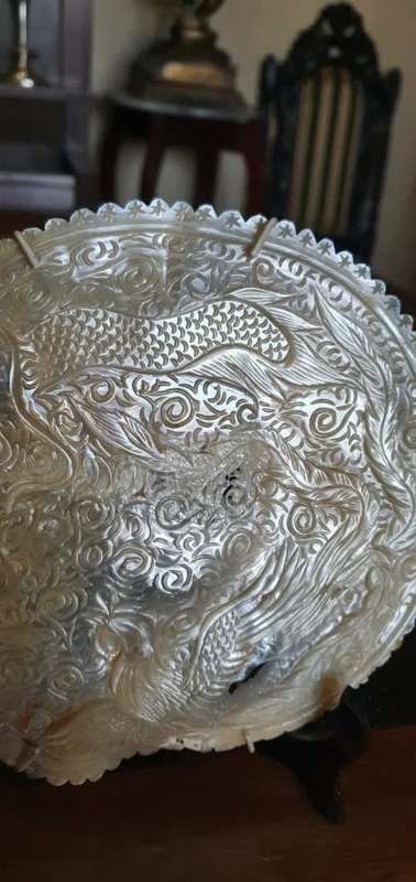Antique Mother of Pearl Carving of Dragon and Phoenix