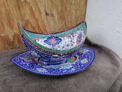 Persian Hand Painted Enameled Copper Kashkul Bowl and Plate