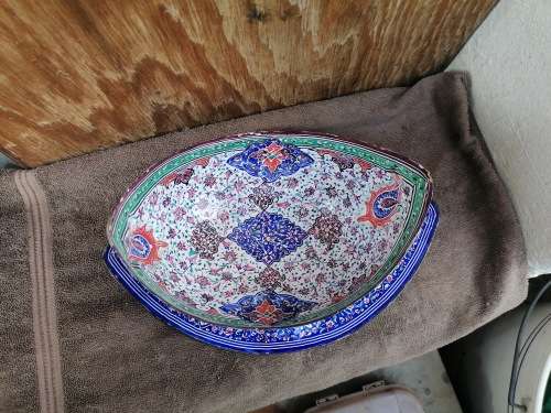 Persian Hand Painted Enameled Copper Kashkul Bowl and Plate