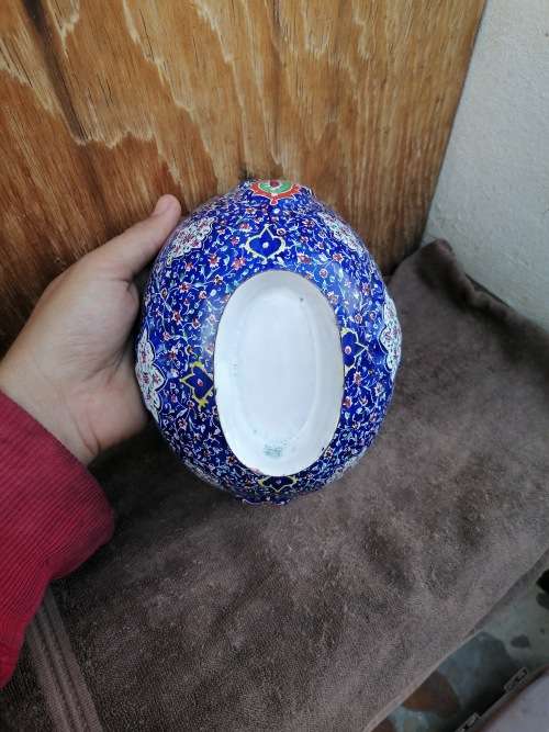 Persian Hand Painted Enameled Copper Kashkul Bowl and Plate