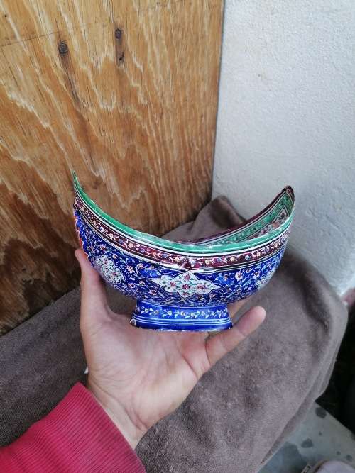Persian Hand Painted Enameled Copper Kashkul Bowl and Plate