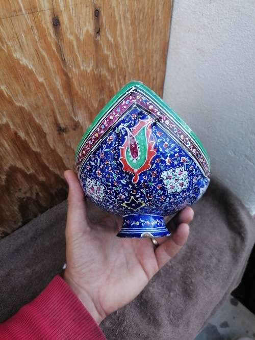 Persian Hand Painted Enameled Copper Kashkul Bowl and Plate