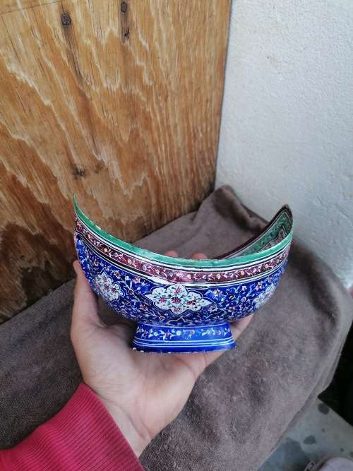 Persian Hand Painted Enameled Copper Kashkul Bowl and Plate
