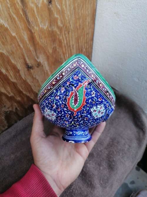 Persian Hand Painted Enameled Copper Kashkul Bowl and Plate