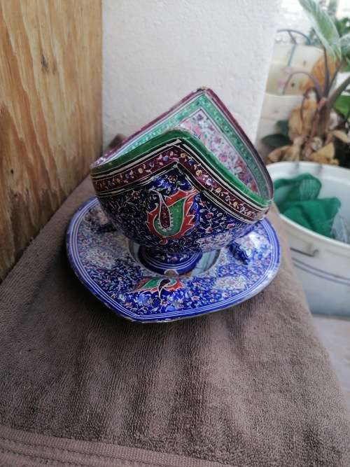 Persian Hand Painted Enameled Copper Kashkul Bowl and Plate