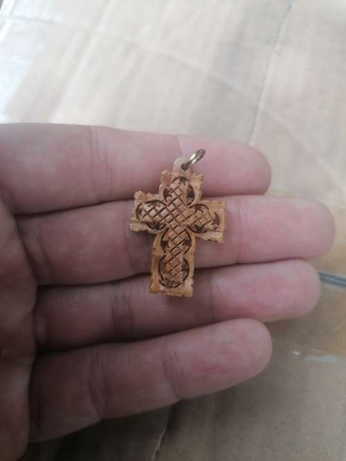 Vintage carved wood cross pendant