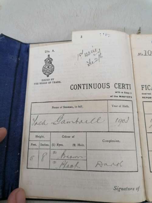 Continuous Certificate of Discharge no 1098917 issued by the board trade for fred gambille