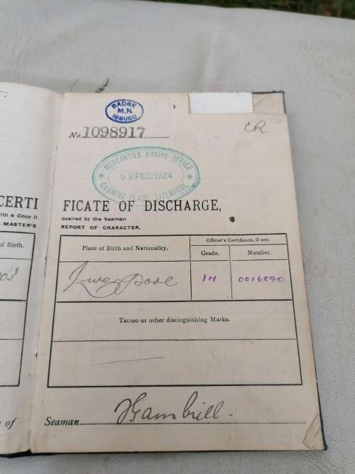Continuous Certificate of Discharge no 1098917 issued by the board trade for fred gambille