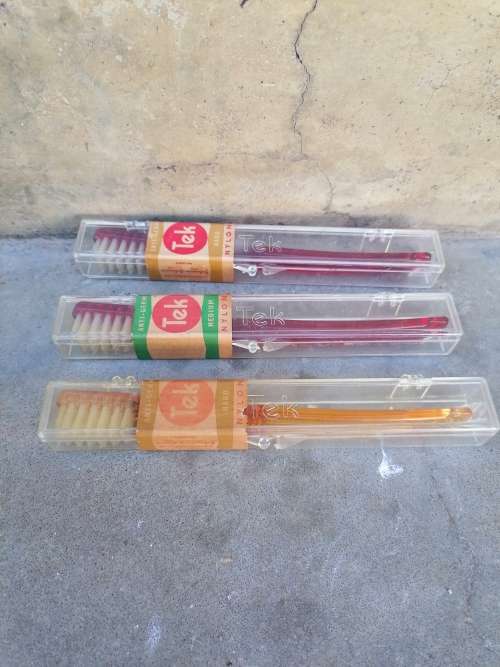 Old new stock 3 x vintage anti germ tek hard nylon tooth brush still sealed
