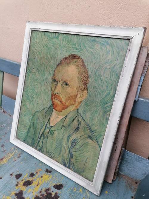 STUNNING FRAMED VINTAGE Vincent van Gogh SELF PORTRETT PRINT ON BOARD 49cm x 59cm