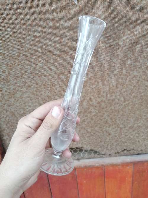 Vintage Lead Cut Crystal Etched Floral Glass  Bud Vase