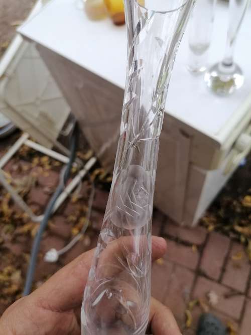 Vintage Lead Cut Crystal Etched Floral Glass  Bud Vase