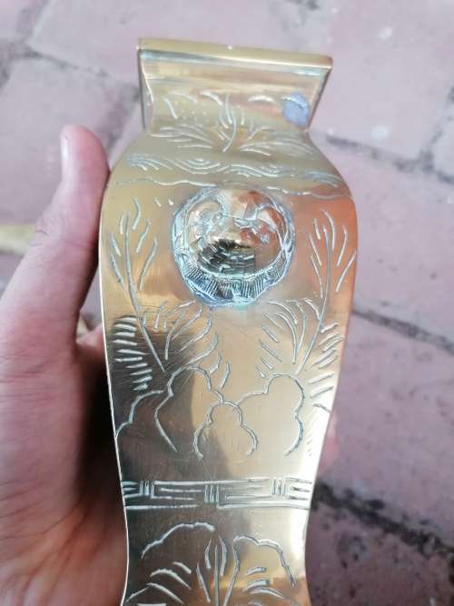 Antique ChineseBrass Vase W/Etched FOO DOGS & Flowers