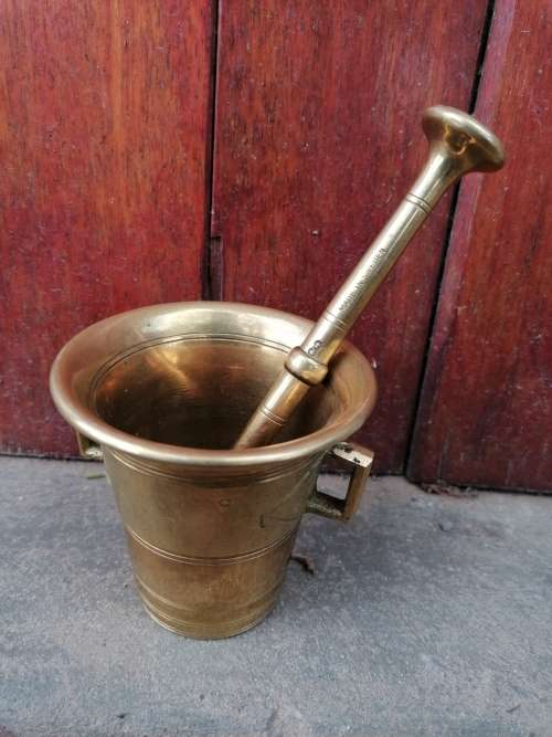 Elegant Swedish Antique Brass Mortar and Pestle for pharmaceutical