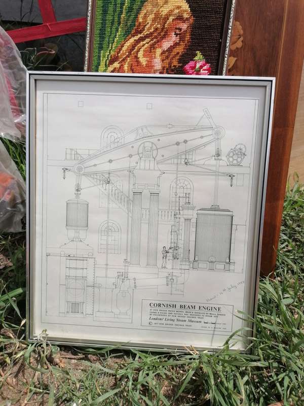 vintage Cornish beam engine print. London`s living steam museum